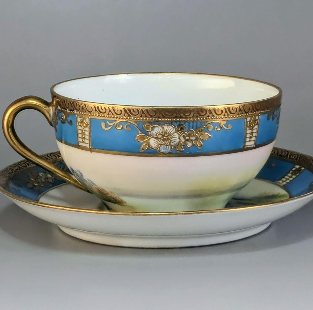 オールドノリタケ カップ＆ソーサー　金彩金盛上湖畔風景白鳥図 　　有名パターン