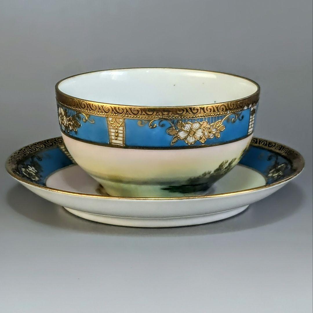 オールドノリタケ カップ＆ソーサー　金彩金盛上湖畔風景白鳥図 　　有名パターン