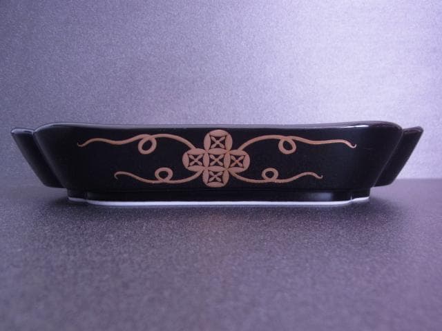 金彩黒地エナメル　角皿　装飾大皿　菓子鉢　エッチング　手書き　アンティーク　骨董