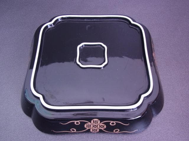 金彩黒地エナメル　角皿　装飾大皿　菓子鉢　エッチング　手書き　アンティーク　骨董