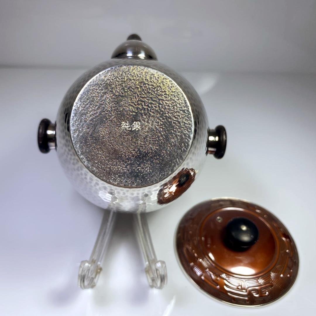 純銀製 槌目 竜彫緋銅銀蓋 木摘 木取手 急須 煎茶道具 長さ約9cm