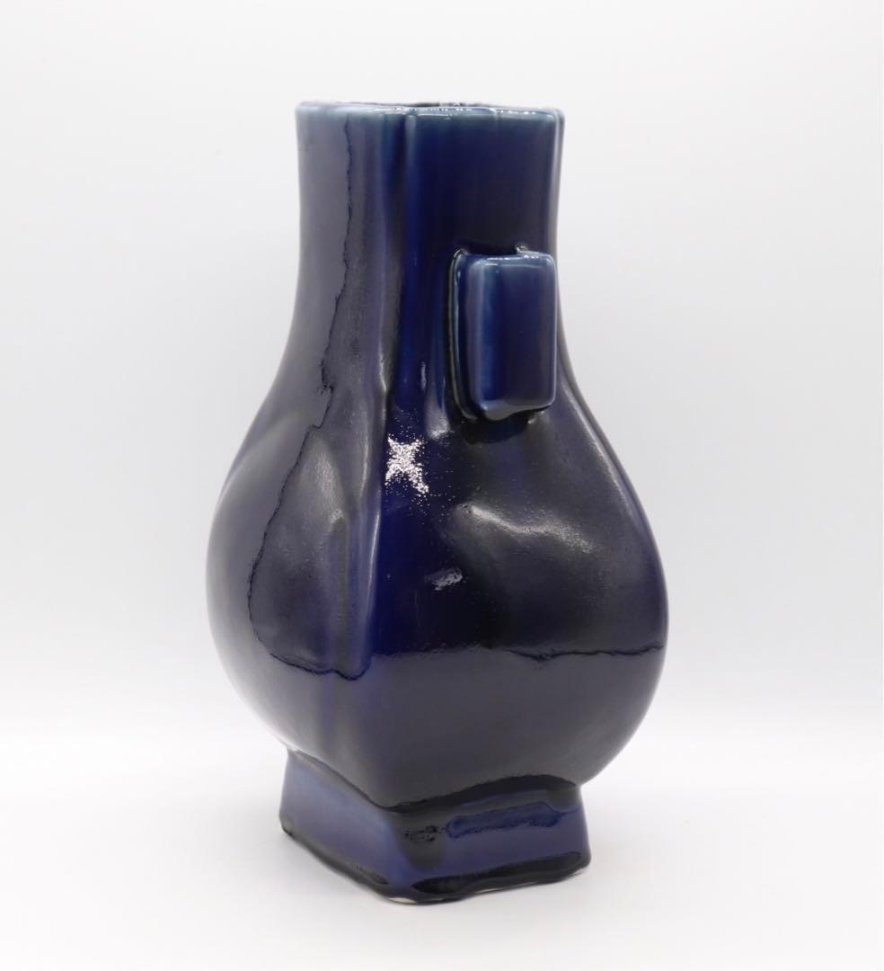 中国　大清乾隆年製　藍釉双耳瓶　共箱　送料込み0222