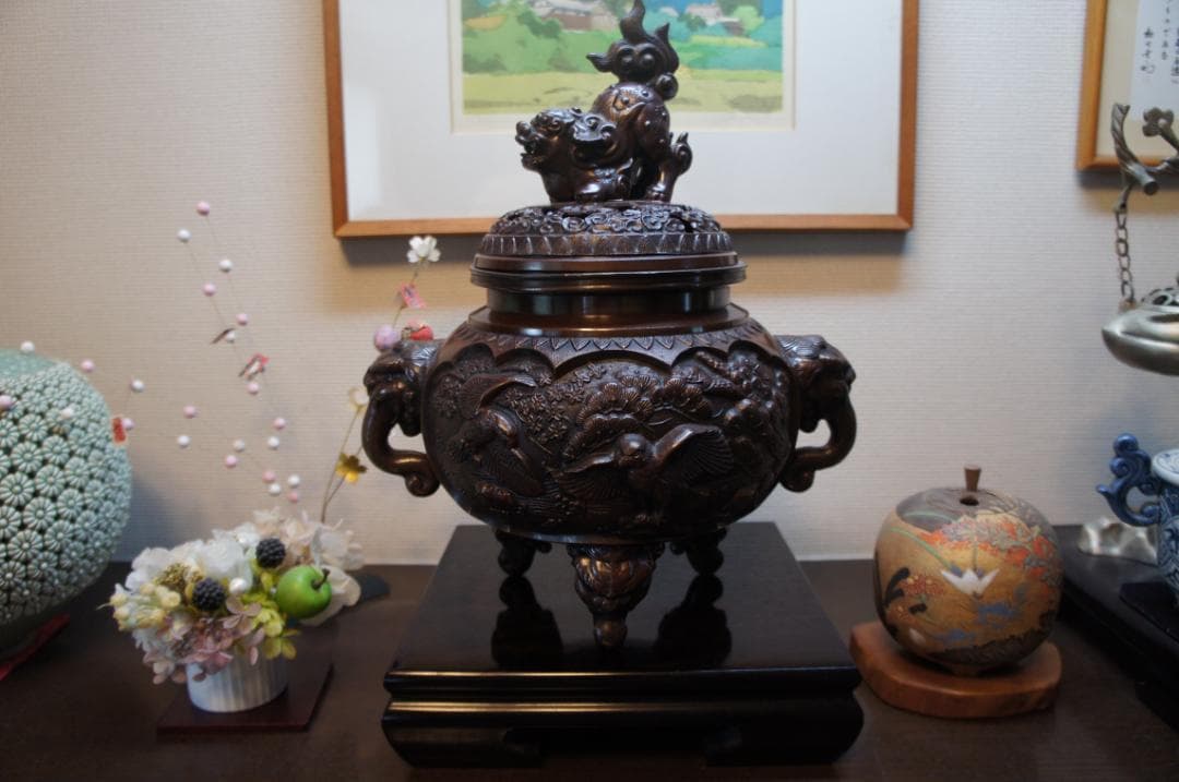 ★美品 未使用 高岡銅器 瑞峰作 新特大 花鳥 高級銅製香炉工芸作家造 送料込み