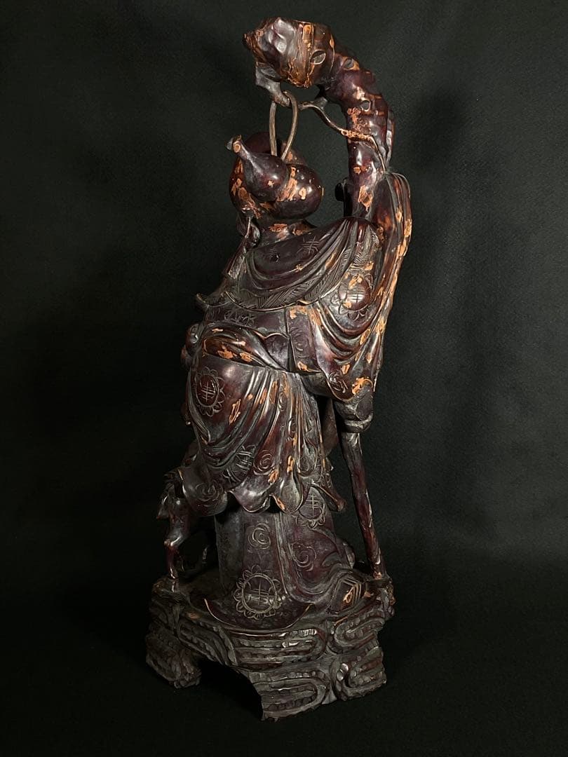 時代木彫　桃仙人　寿比南山 福如東海　寿老人　置物　中国美術　高さ約62cm