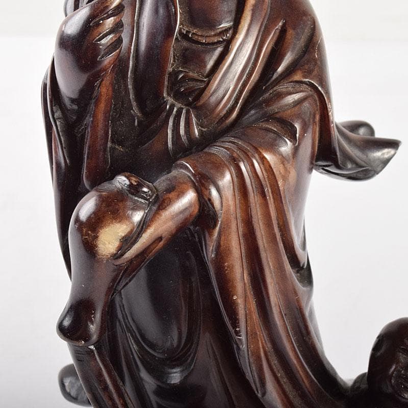 中国　玉石蝋石　唐子観音像　置物　唐木台付　M　R4735