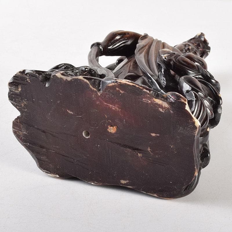 中国　玉石蝋石　唐子観音像　置物　唐木台付　M　R4735