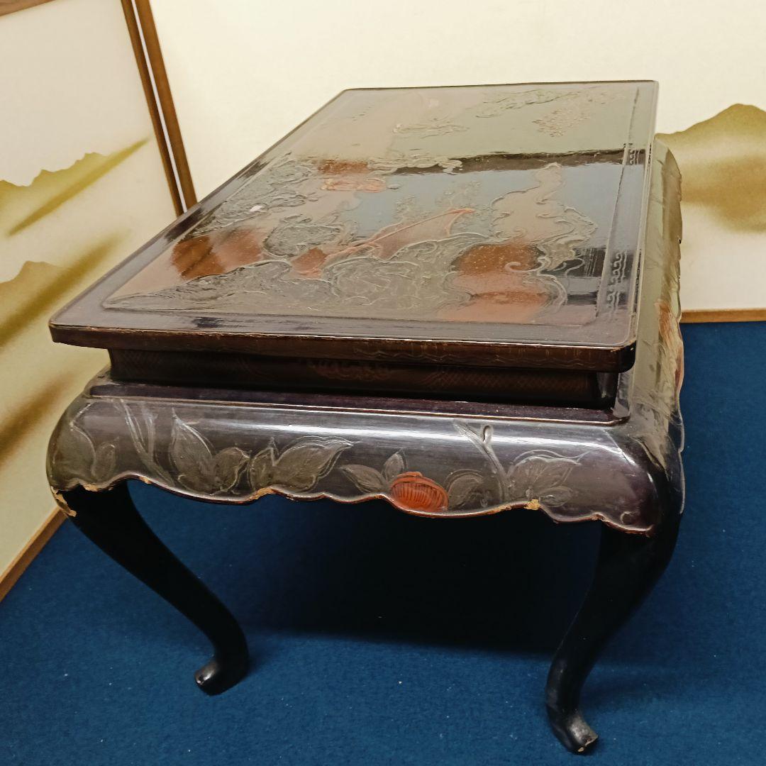 金燕AN18 時代物 木製漆 平卓 漆絵巻 螺鈿 花台 香炉台 盆栽台 高