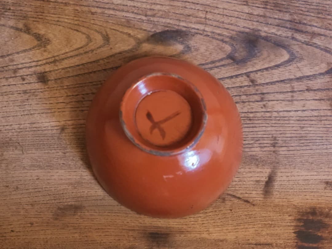 根来塗　朱漆椀　江戸時代　茶碗　十字文　漆工芸　古道具　Q2356