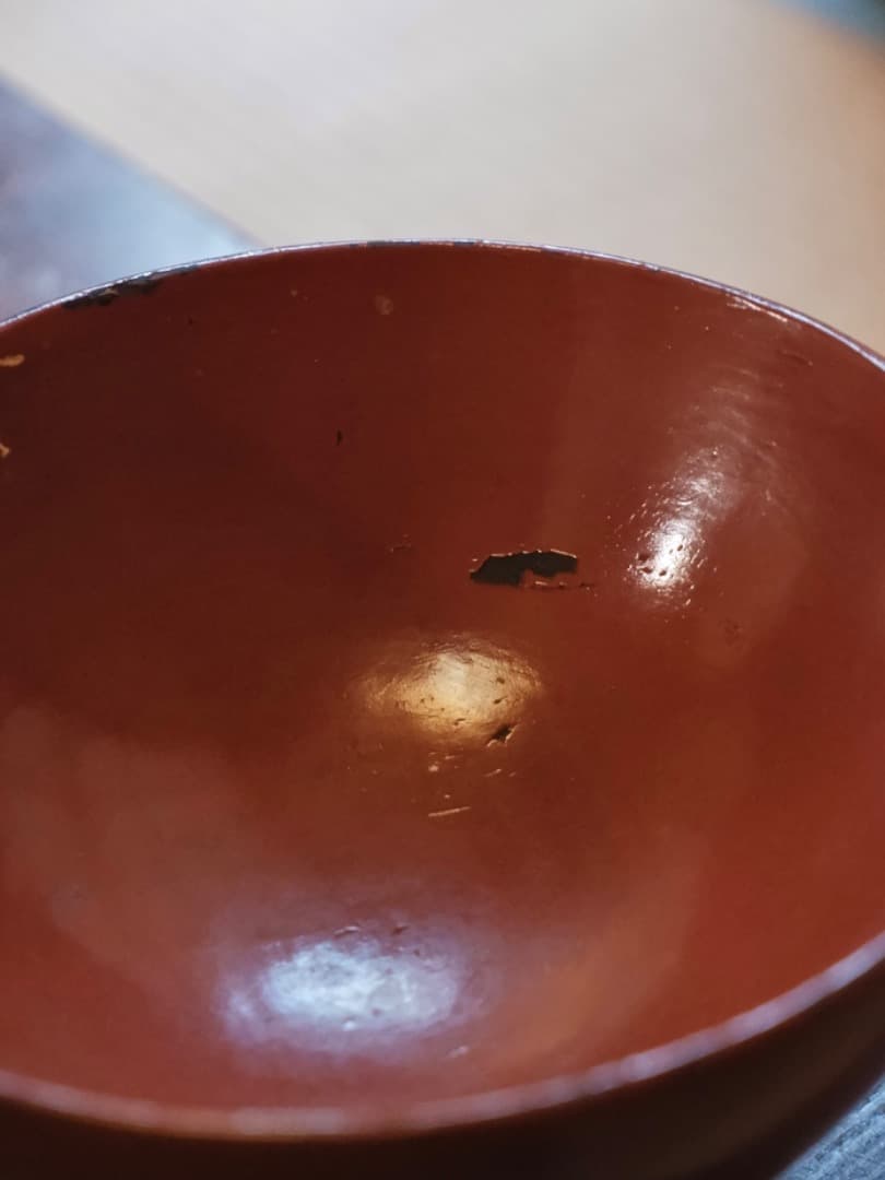 根来塗　朱漆椀　江戸時代　茶碗　十字文　漆工芸　古道具　Q2356