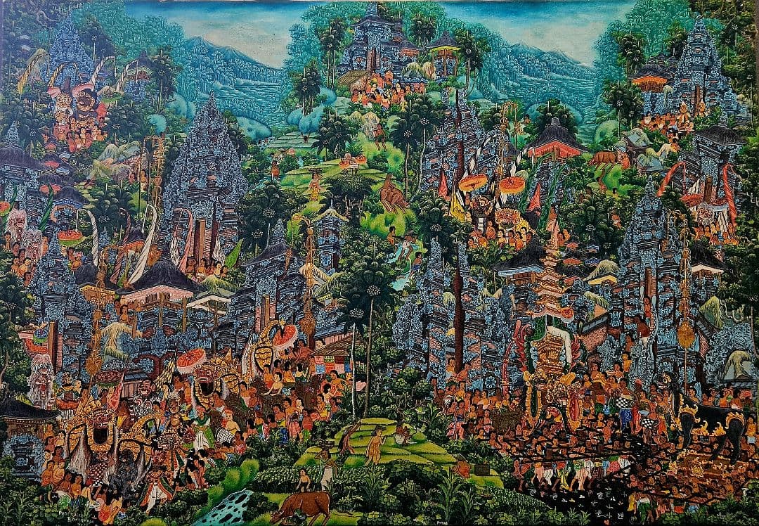 バリの風景 油彩画 PADE KETUT BONGKASO　 寺院お祭り図　額装