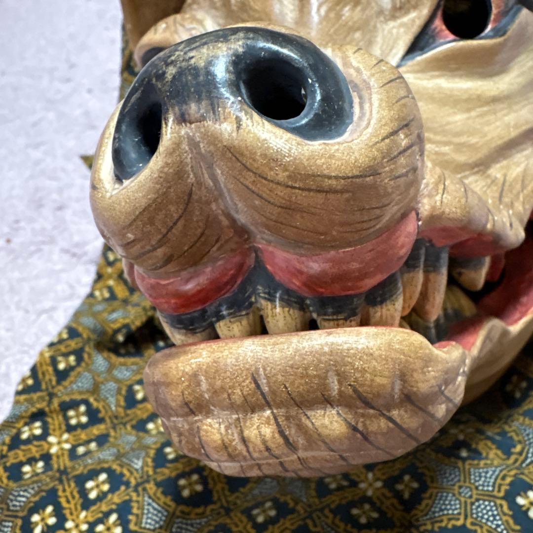 木製犬面 能面 伝統的装飾付き　狐