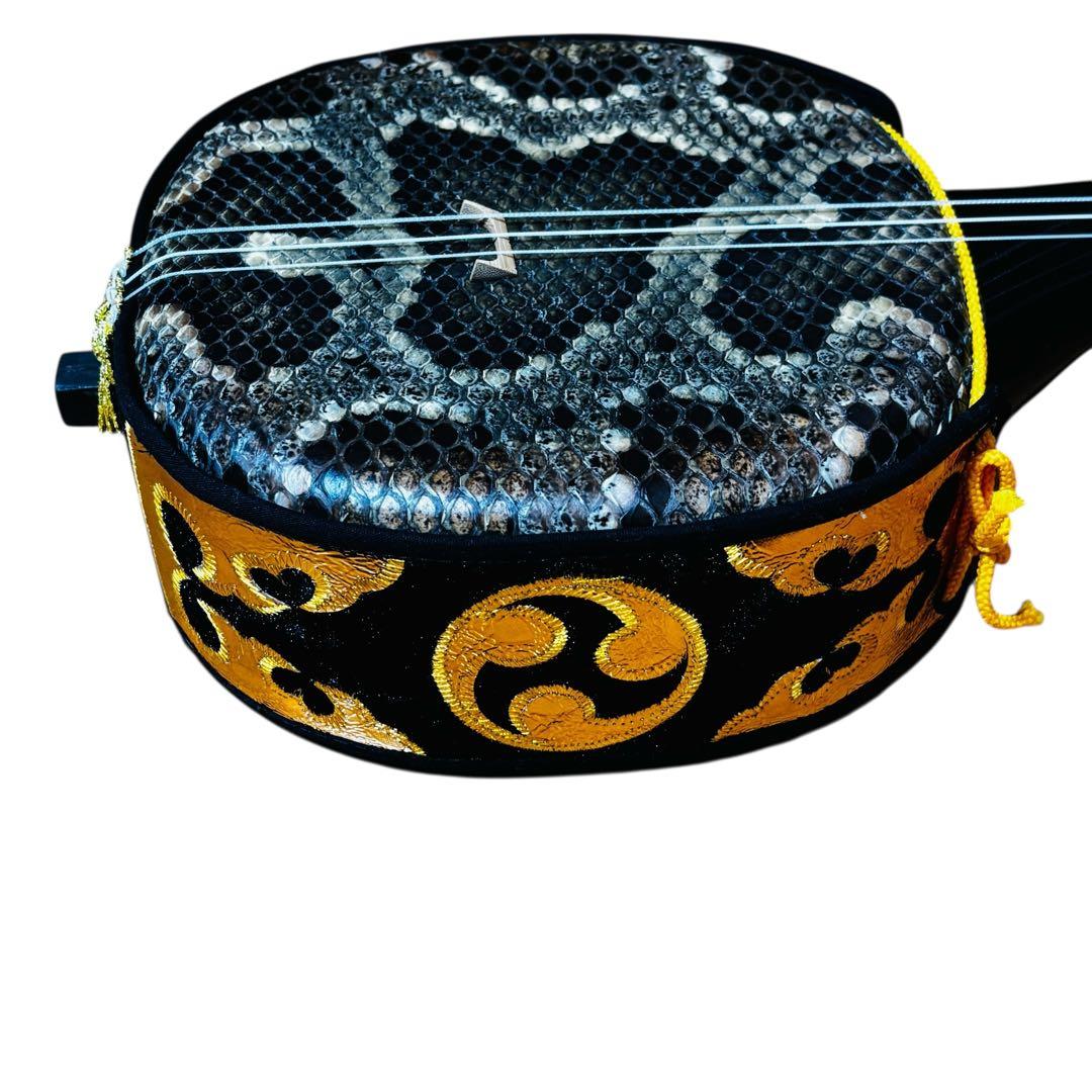 三線 蛇皮調 真壁型 黒塗り棹 ケース付き（付属品あり）