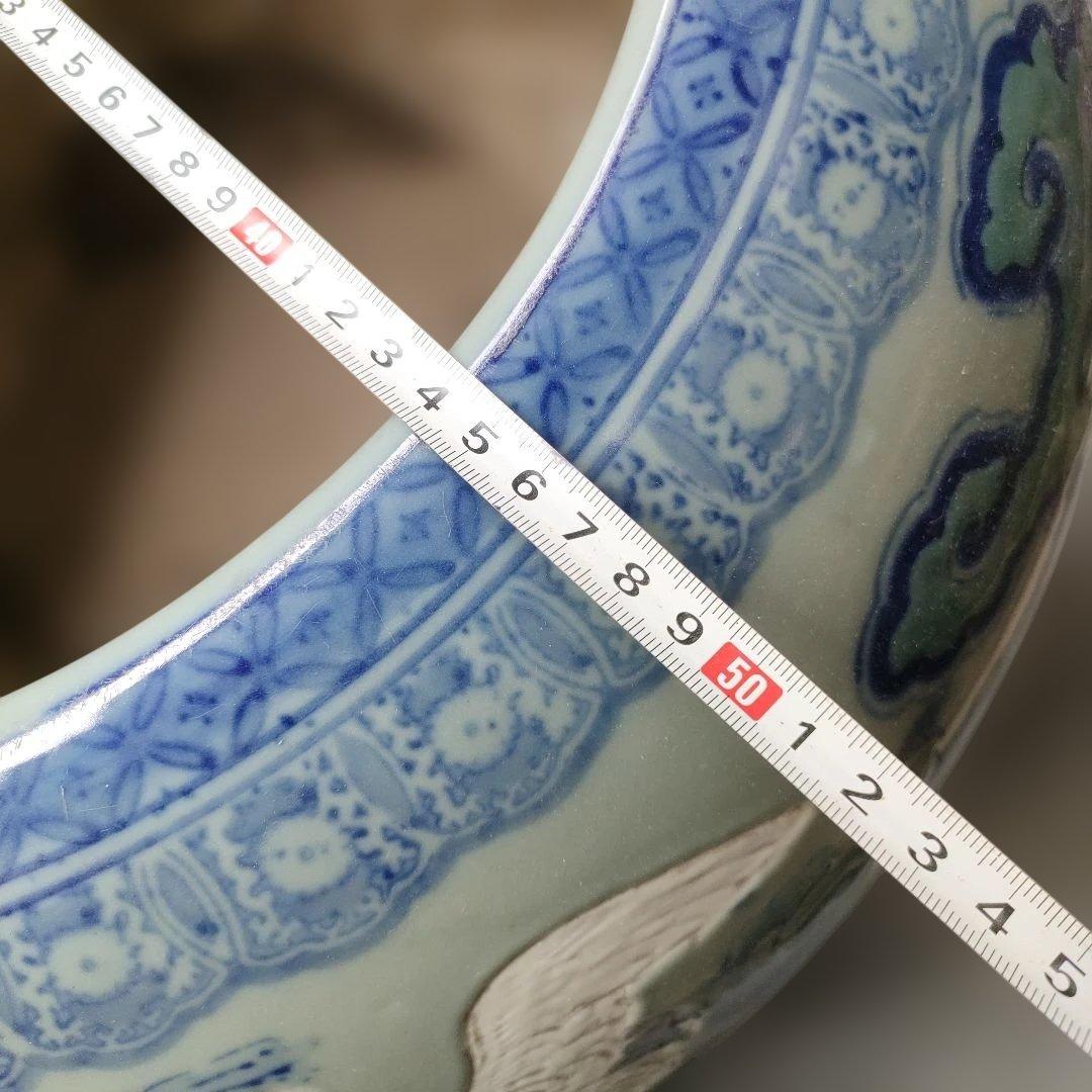 青白い雲模様の陶器火鉢　白鳥　丹頂鶴