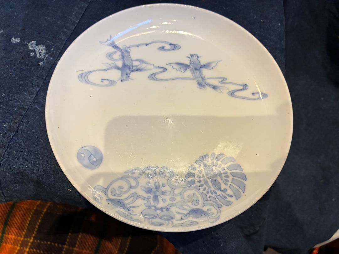 古伊万里写し　十二代武村利左衛門　染付七寸皿　5枚　傷無し金魚と丸紋