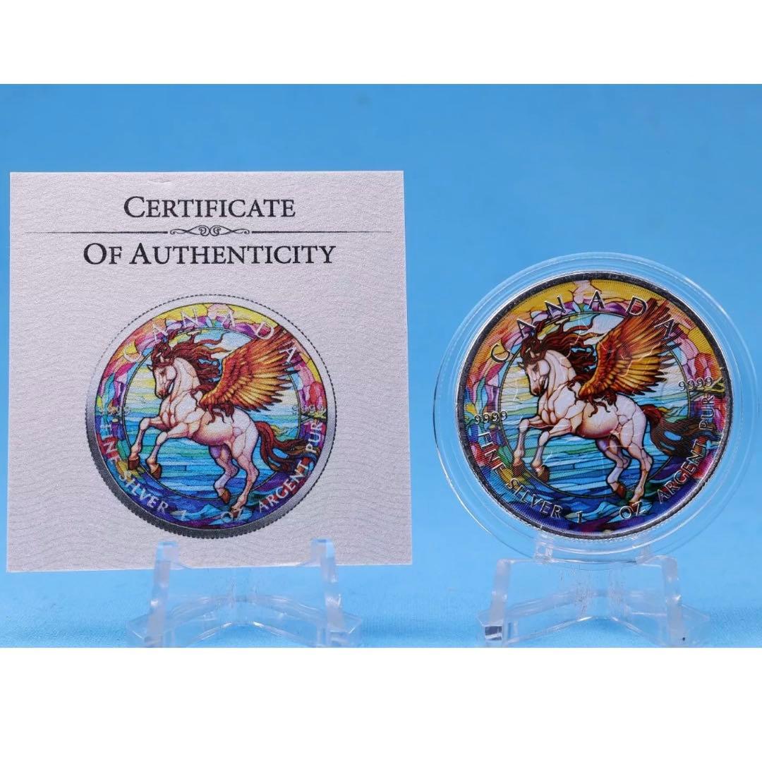 世界100枚 カナダ メイプルリーフ 銀貨 カラー ステンドグラスペガサス