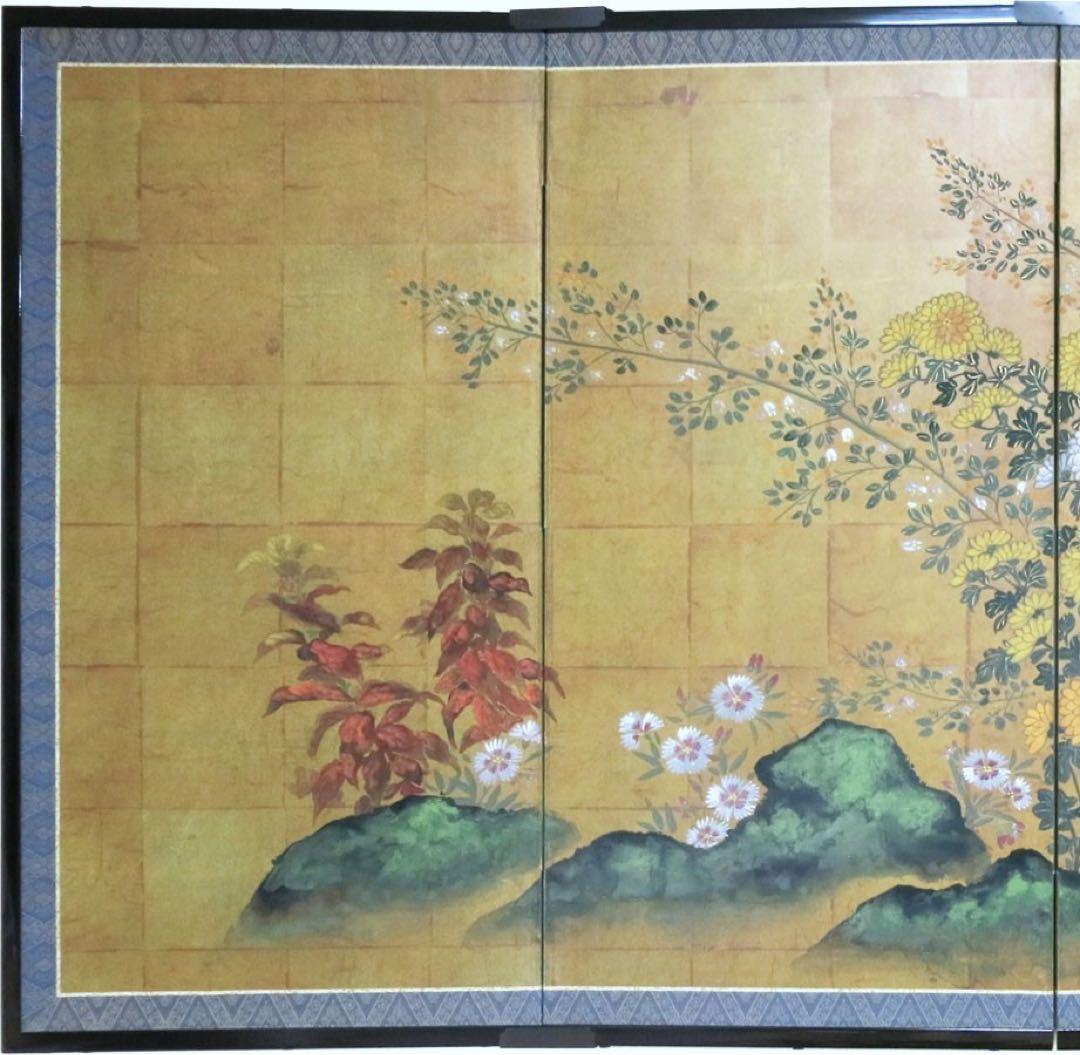 四つ折り屏風　日本画　金箔彩色　おまん菊