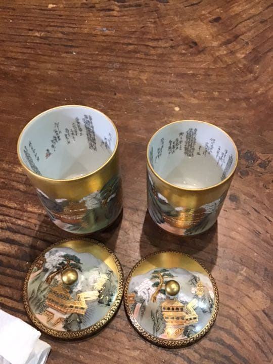 本金色絵楼閣山水図　組み湯呑