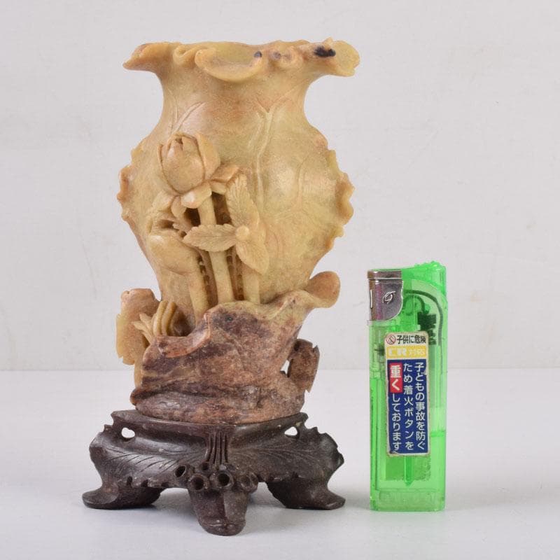 中国　玉石寿山石　花草刻　飾壷　花壷　置物　時代箱　C　8452