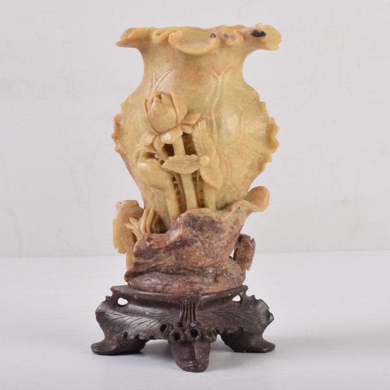 中国　玉石寿山石　花草刻　飾壷　花壷　置物　時代箱　C　8452