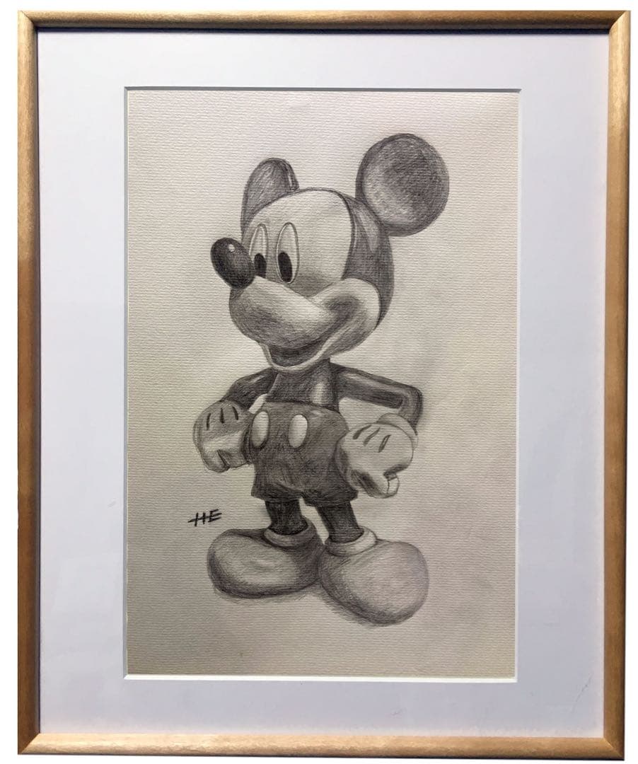値下げ！ミッキー＆ミニー鉛筆デッサン額装2点➕公式フィギュア・セット