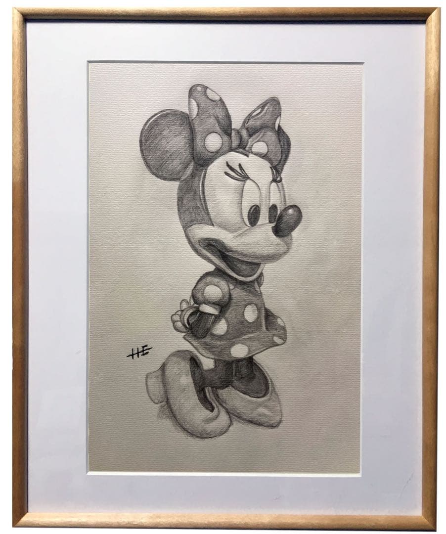 値下げ！ミッキー＆ミニー鉛筆デッサン額装2点➕公式フィギュア・セット