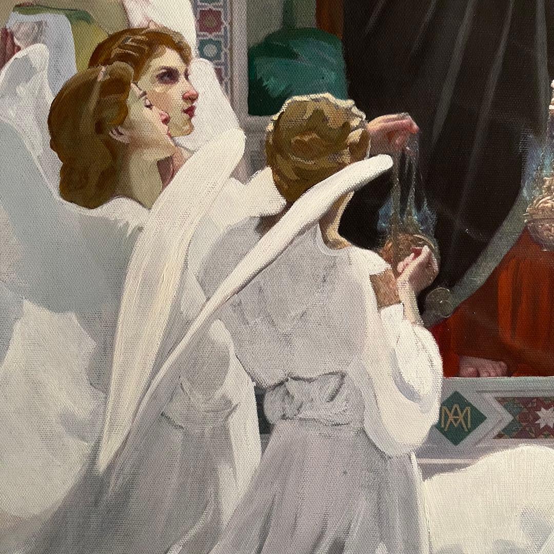 手書き油絵 ブグロー 天使と聖母絵画 額付き インテリア 油彩画