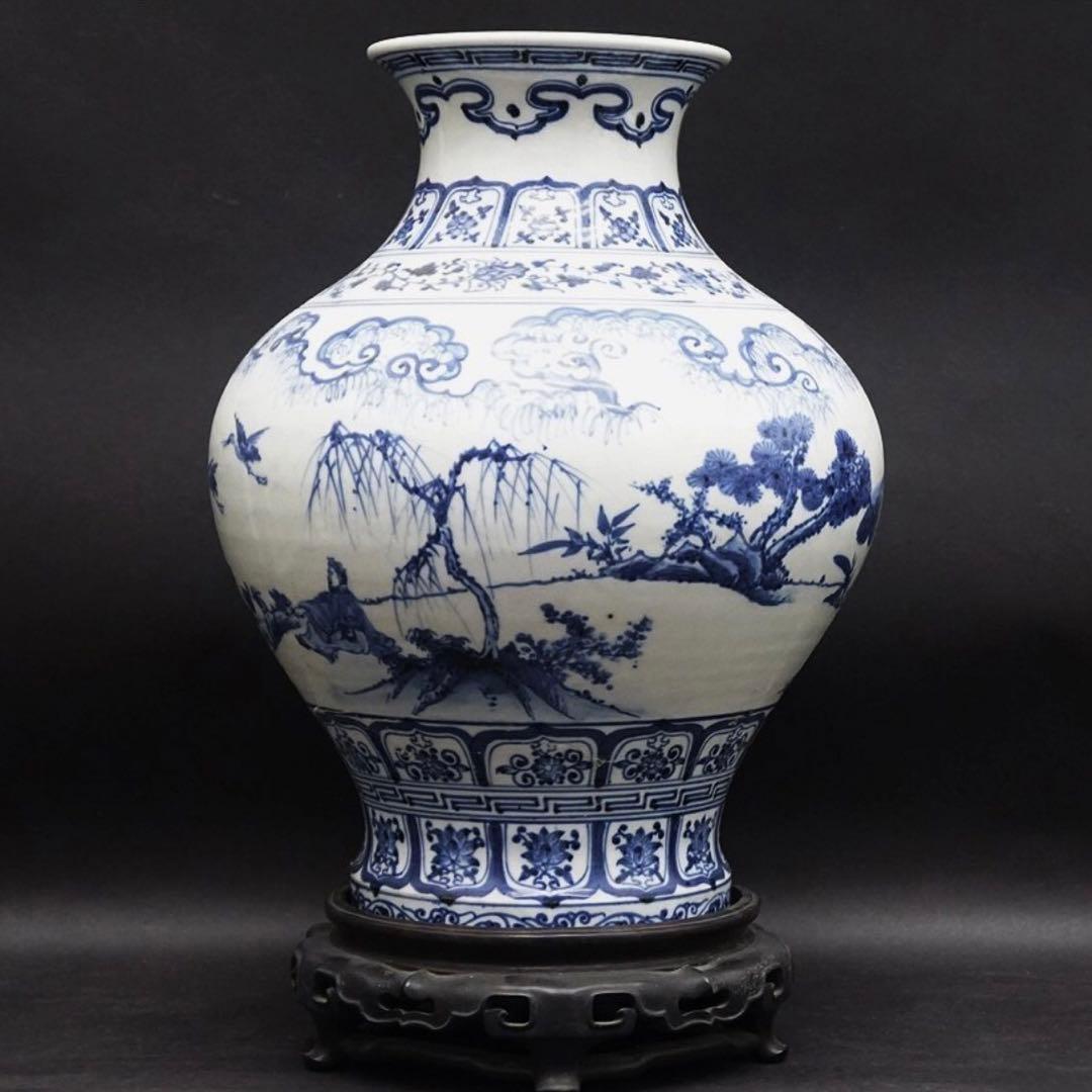 中国美術 中国古玩 台座付染付花瓶 花生 飾壷 唐物 磁器 陶芸 古美術品