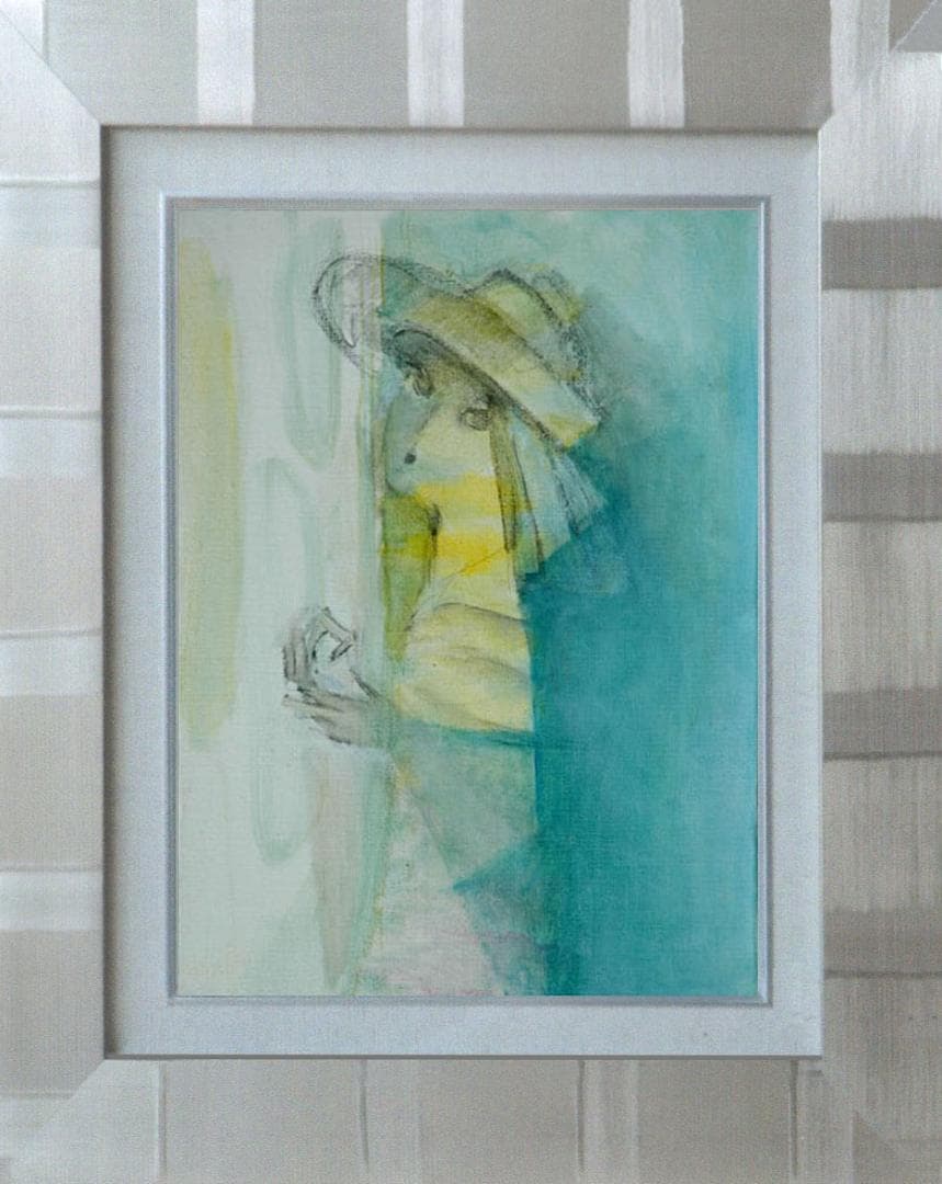 油絵 菅家令子 絵 絵画インテリア額付(青緑＋金色の枠) F4-071012女性