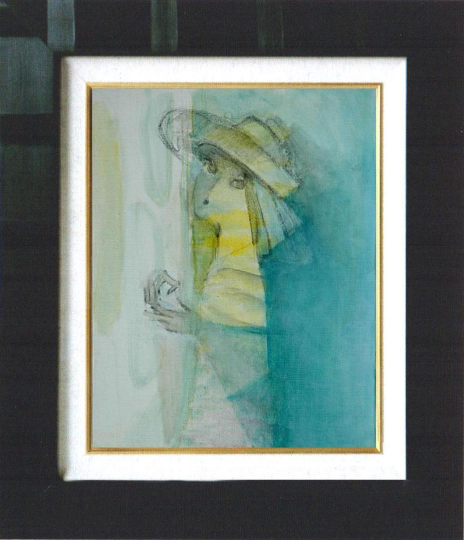 油絵 菅家令子 絵 絵画インテリア額付(青緑＋金色の枠) F4-071012女性