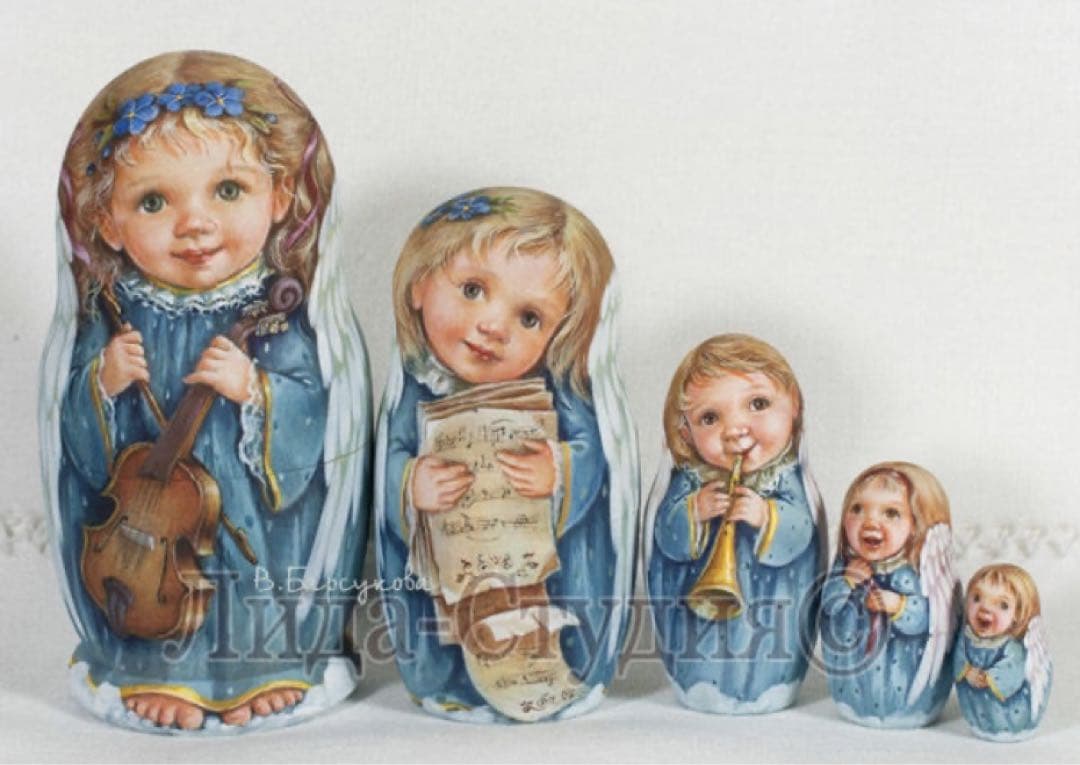 ロシア雑貨☆天使マトリョーシカ(5P)ブルーエンジェル リダ工房