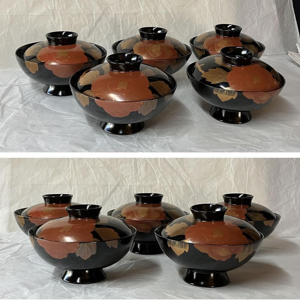 F1404 輪島塗 蒔絵 吸物椀 五客 共箱 木製 漆器 懐石道具