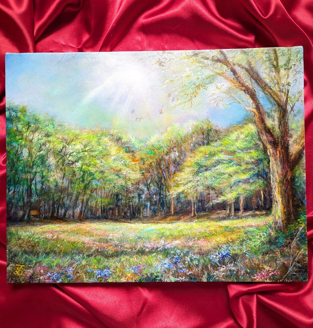 油絵風景画　風景画　新緑　油彩　画家painterTMK本人出品　春風景画