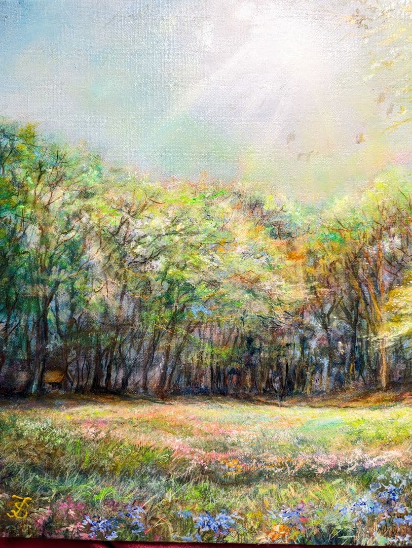 油絵風景画　風景画　新緑　油彩　画家painterTMK本人出品　春風景画