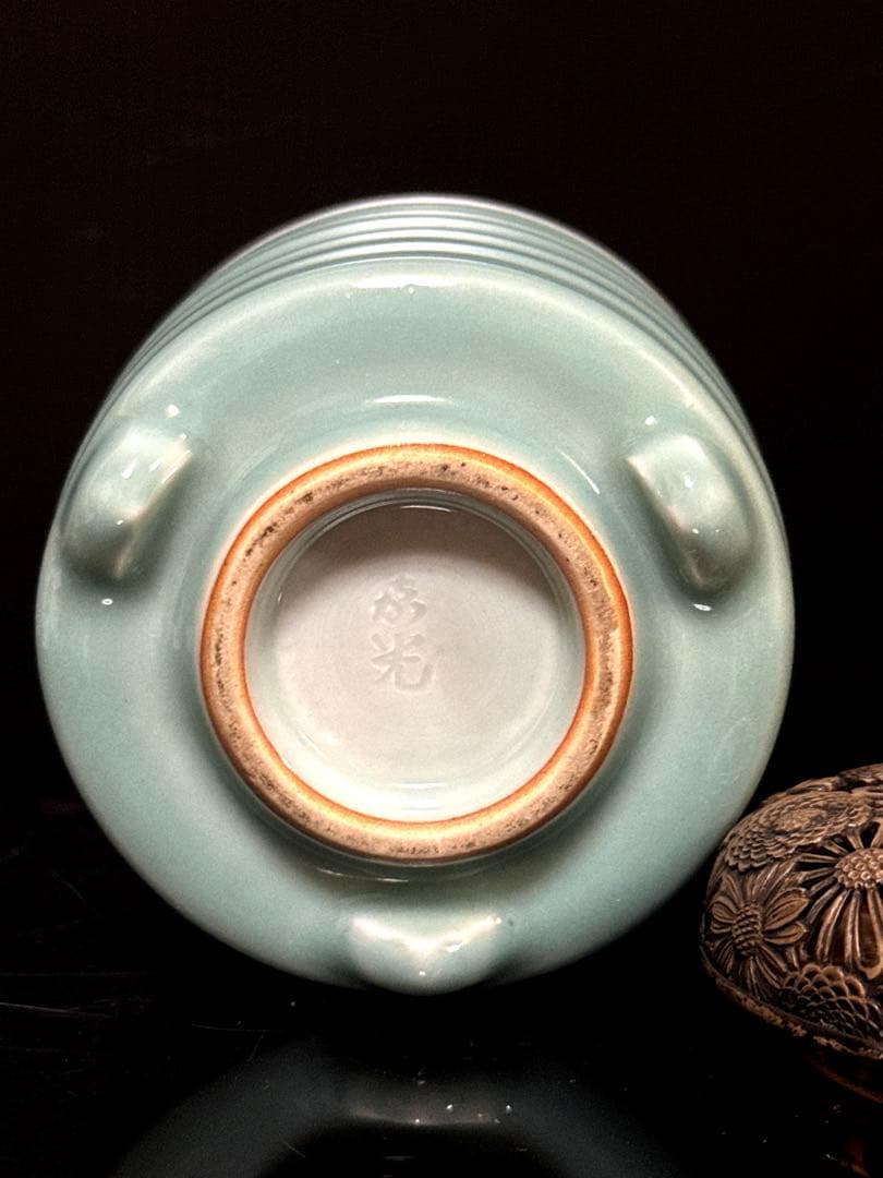 超絶技巧 金工師 在銘 純銀 火屋付 嘉光 造 青磁 輪線筒型 香炉 桐共箱付