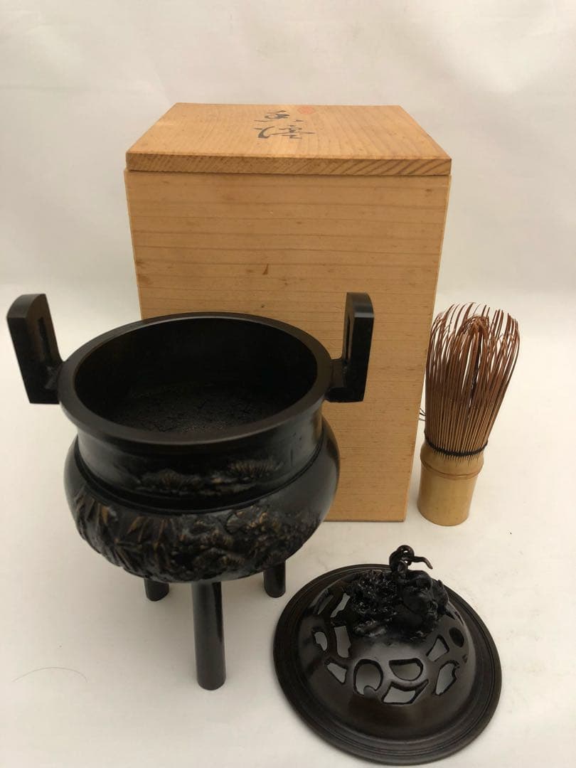 香炉 獅子 松茸梅 銅製 共箱 彫刻 開運 風水 骨董 古美術 アンティーク