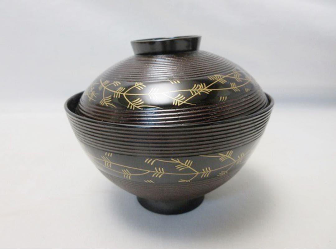 ほぼ未使用 懐石道具 木製溜塗 千筋 蒔絵 吸物椀5客揃 内黒 木箱