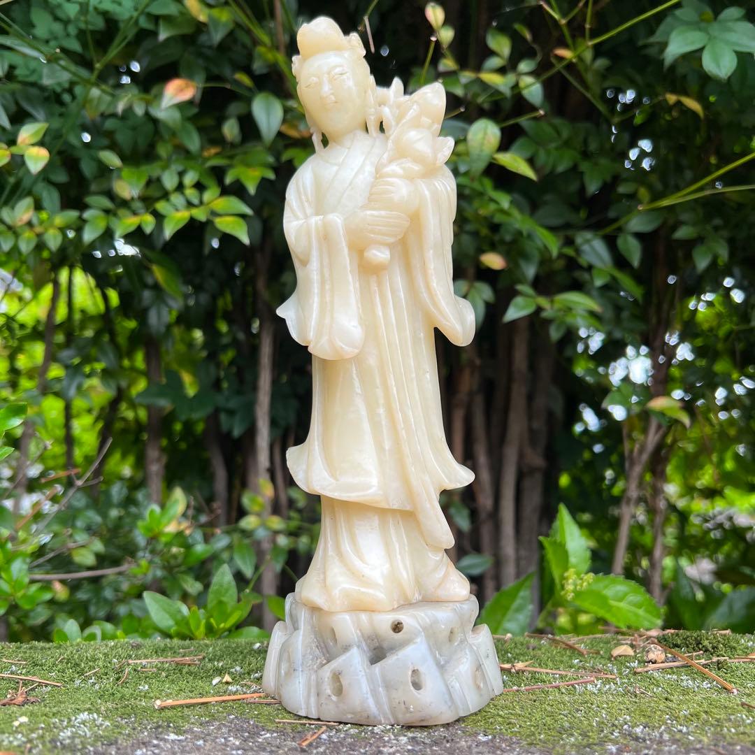 【貴重】芙蓉石西王母置物　23cm！王母娘娘　白寿山石　工芸品