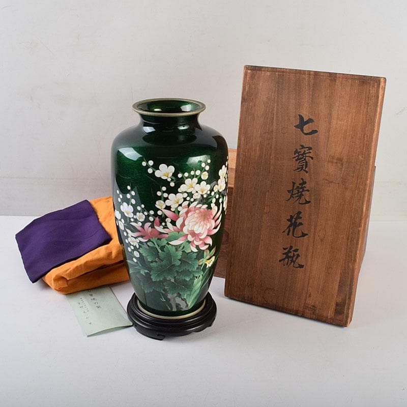 七宝焼　安藤七宝店　緑透釉　四君子文　花瓶　唐木台付　共箱　M　R9508