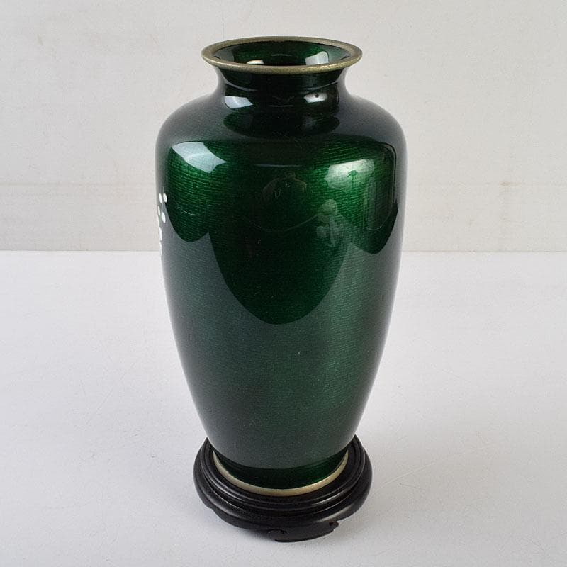 七宝焼　安藤七宝店　緑透釉　四君子文　花瓶　唐木台付　共箱　M　R9508