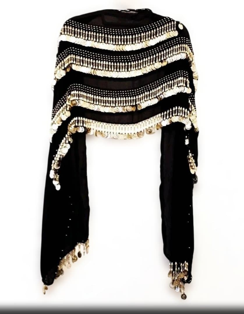 エジプト製 ベリーダンス用 ショール 黒×ゴールド装飾