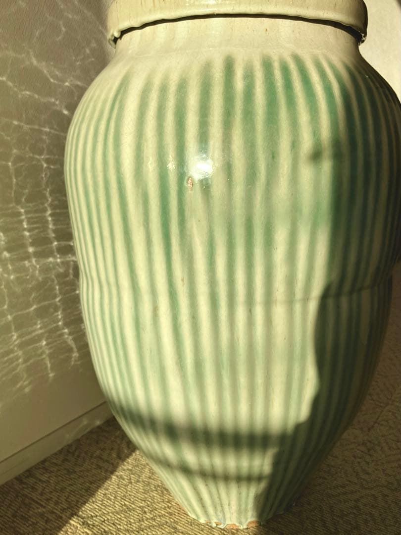 信楽焼　茶壺　大壺　すだれ壺　ストライプ柄　明治　アンティーク