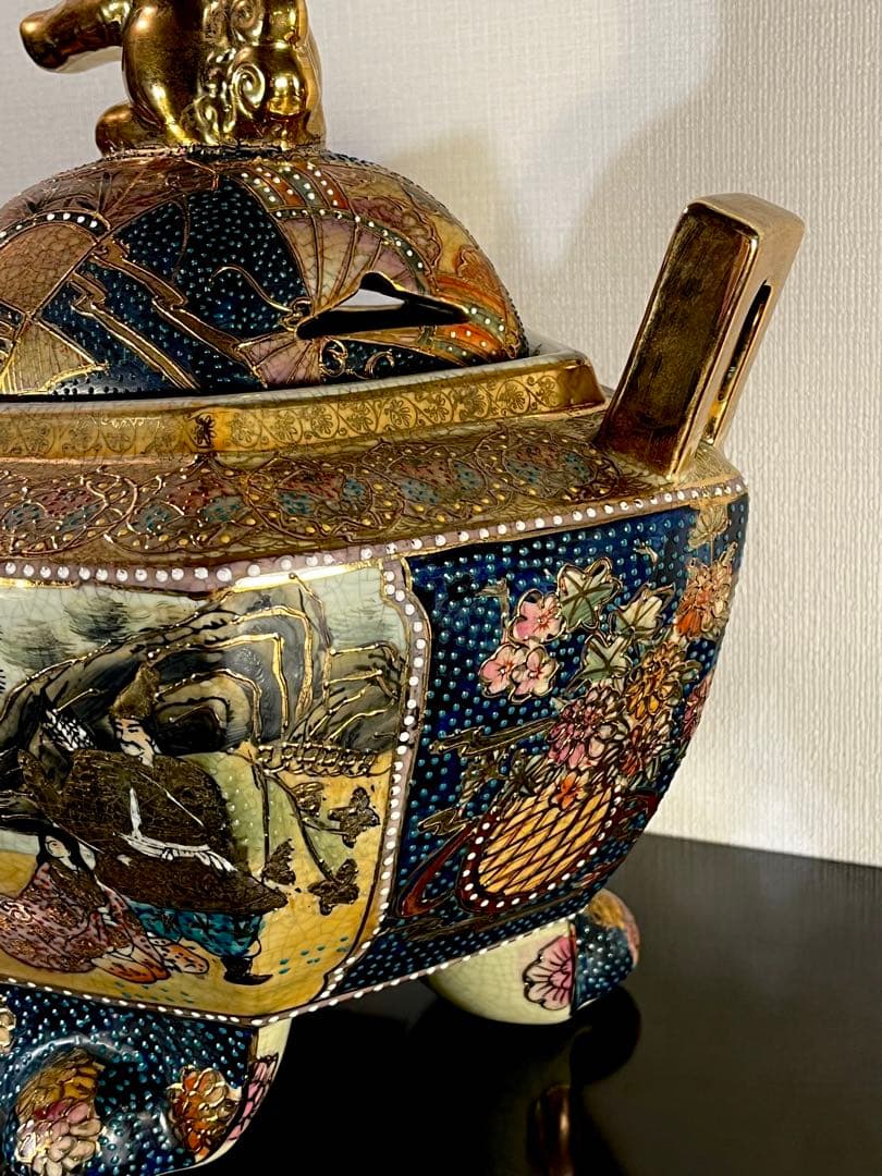 【薩摩焼 特大三足香炉】金爛手 花詰図 金獅子 陶磁器 美術品 香炉 逸品 希少