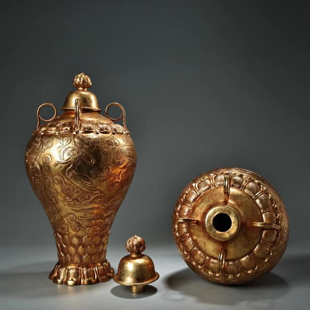 中国古美術・旧蔵飞天侍女鎏金花瓶セット・純銅細密彫・純手作り・高浮彫・置物・文房