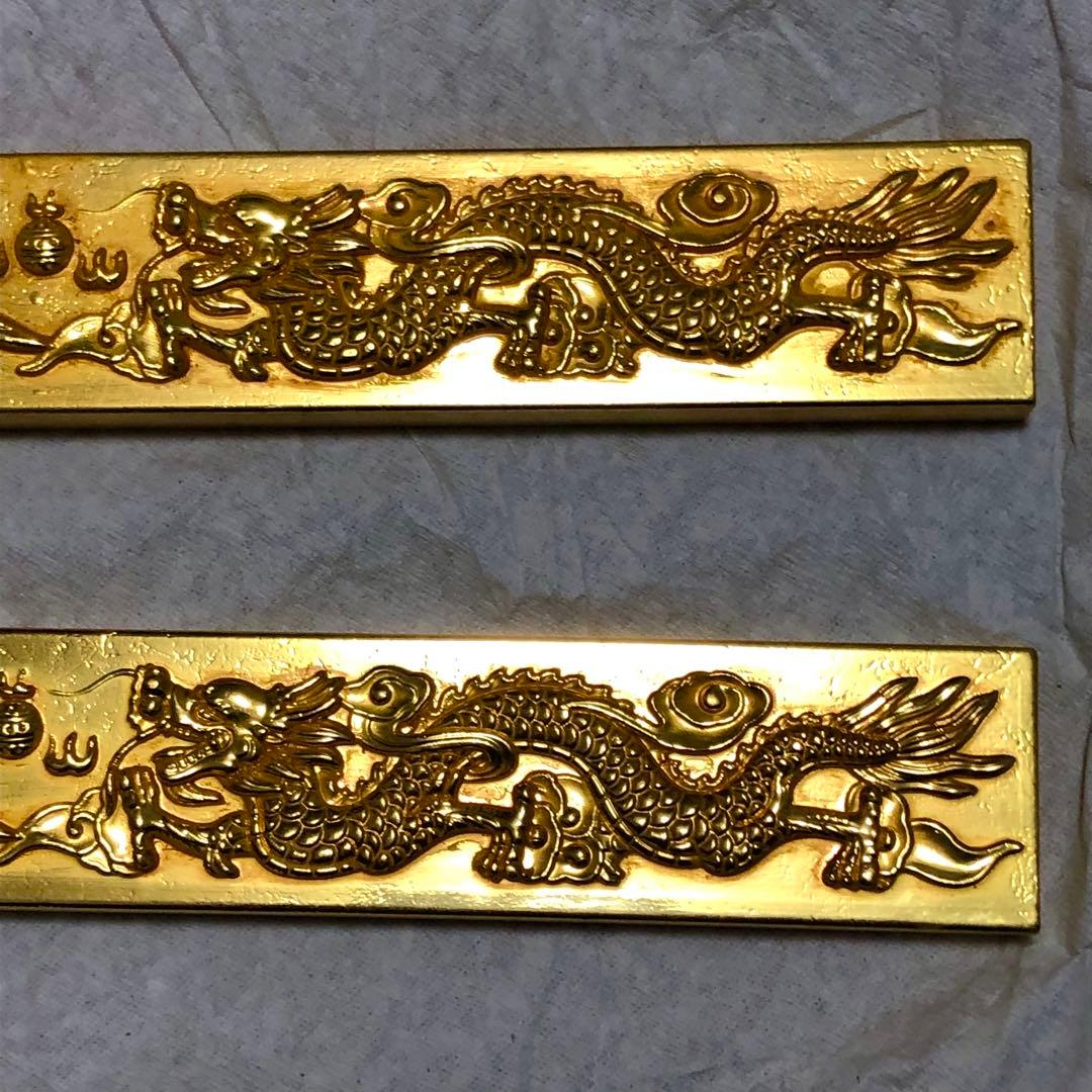 文鎮　文房具　書道用　金龍・金鳳 彫刻　時代物　２本セット