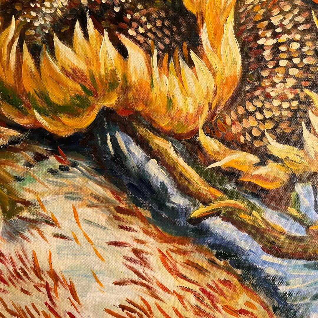 ★秀作★ 手書き油絵 ゴッホ 4本の切ったひまわり 肉筆絵画 額付き 油彩画