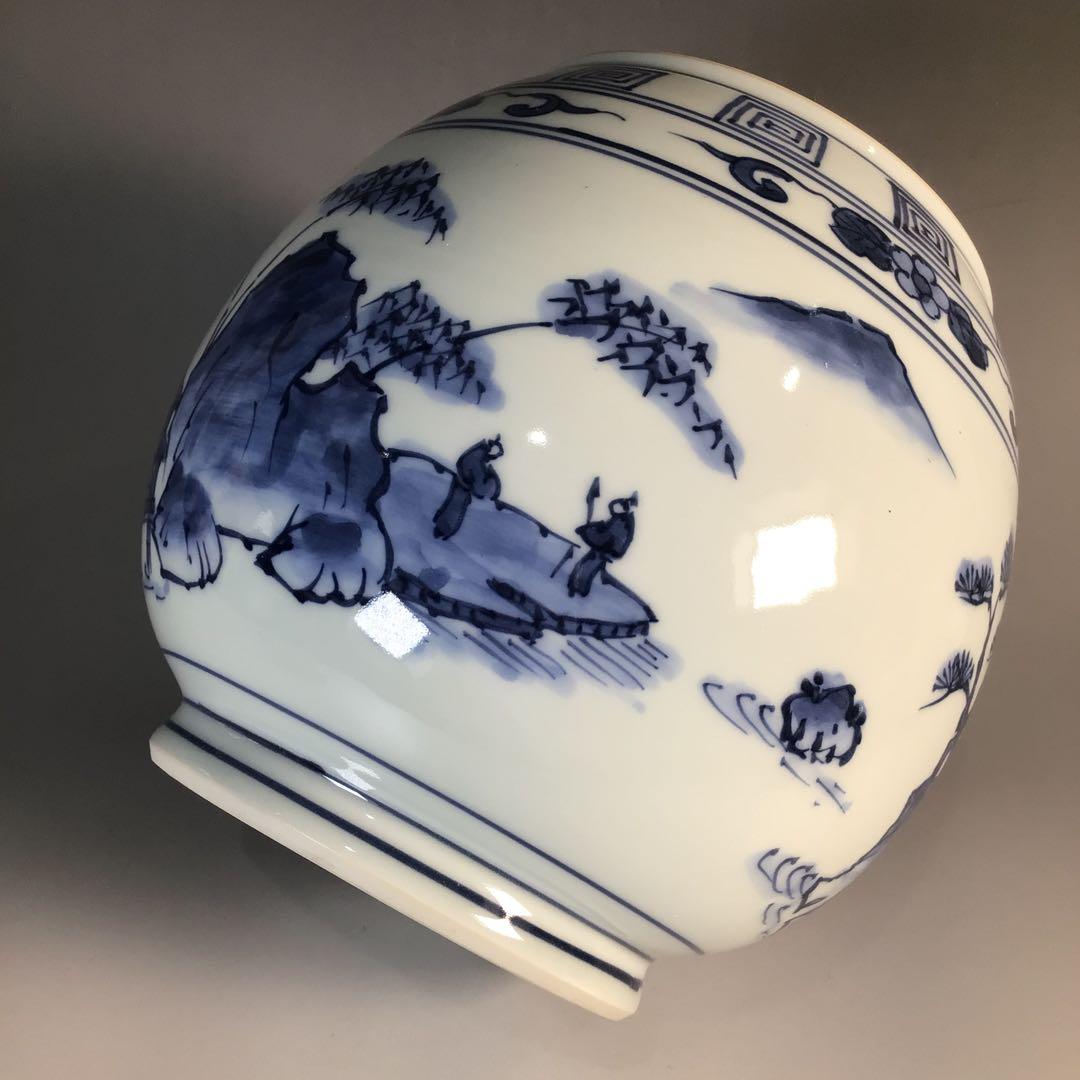 Ｍ８３７　水指　『平安桃山窯造』『染付山水人物文』『芋頭水指』　共箱　茶道具