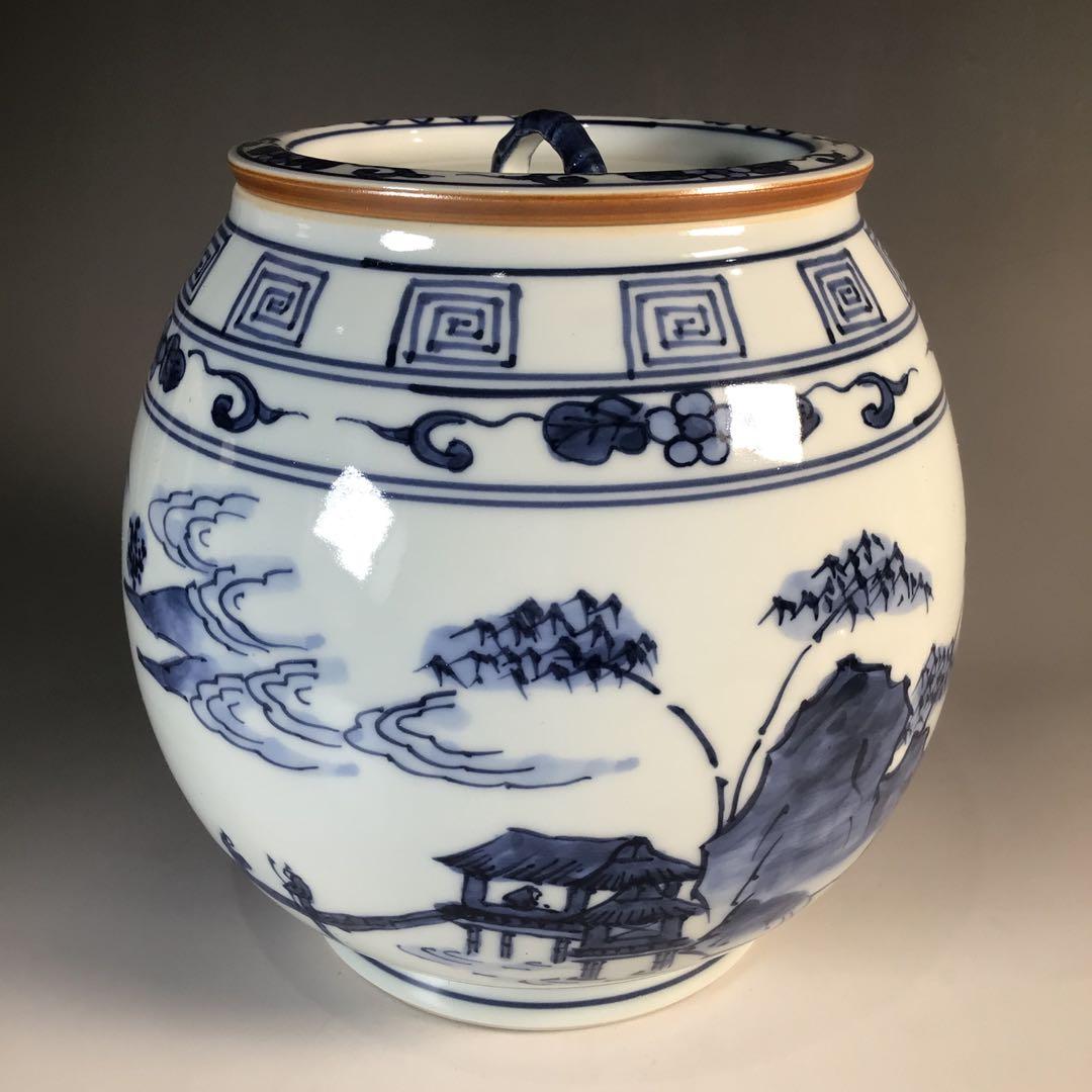 Ｍ８３７　水指　『平安桃山窯造』『染付山水人物文』『芋頭水指』　共箱　茶道具