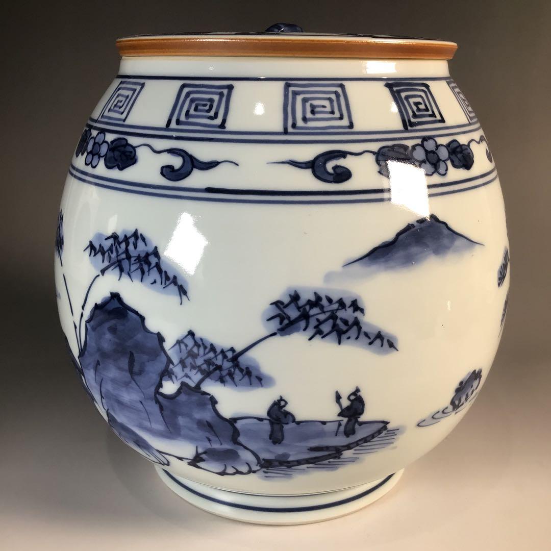 Ｍ８３７　水指　『平安桃山窯造』『染付山水人物文』『芋頭水指』　共箱　茶道具