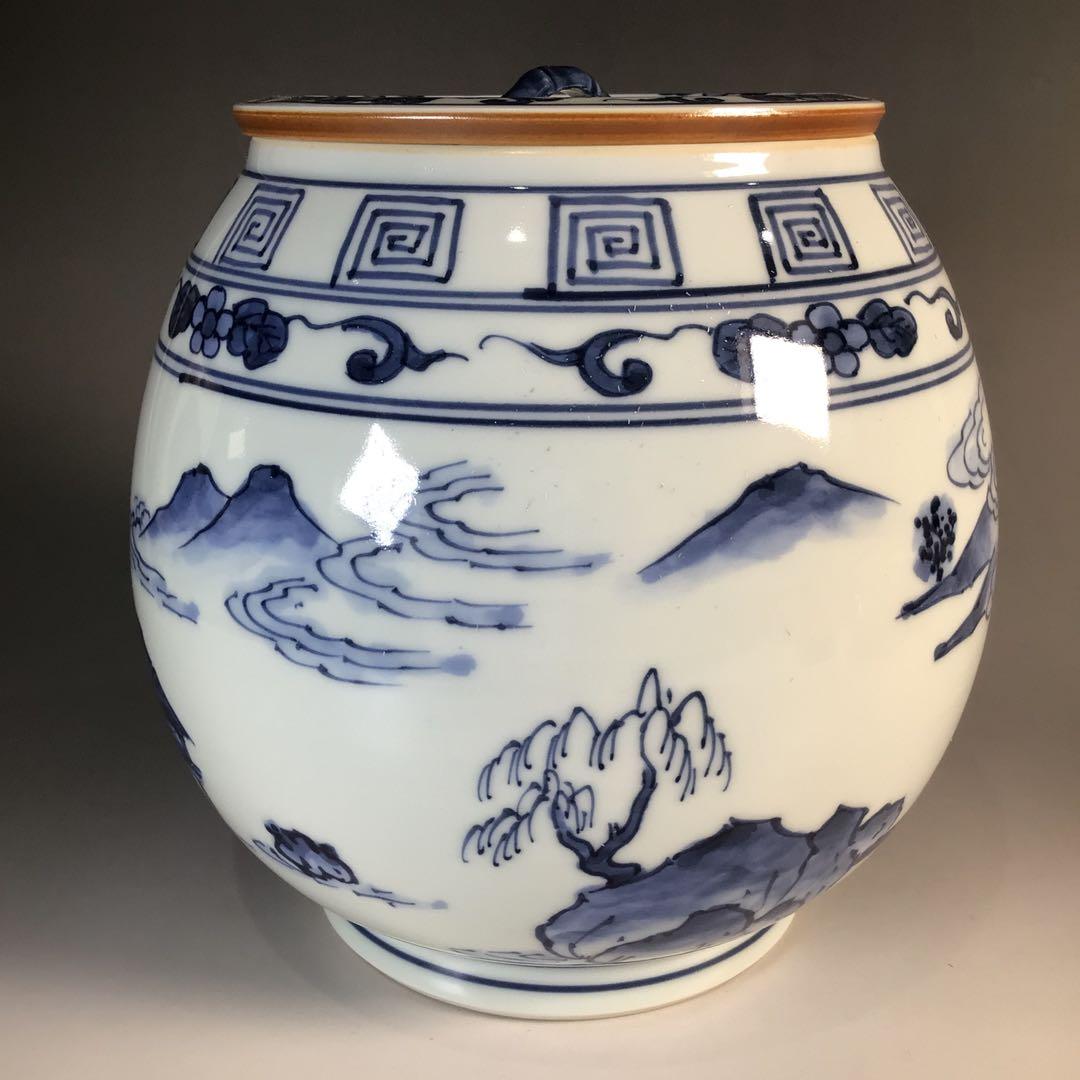 Ｍ８３７　水指　『平安桃山窯造』『染付山水人物文』『芋頭水指』　共箱　茶道具