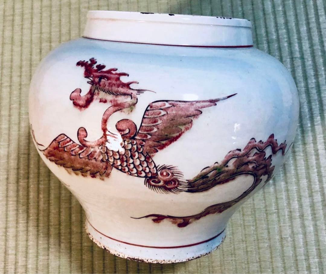 中国骨董　元白磁　辰砂　鳳凰紋　玉璧足　壺